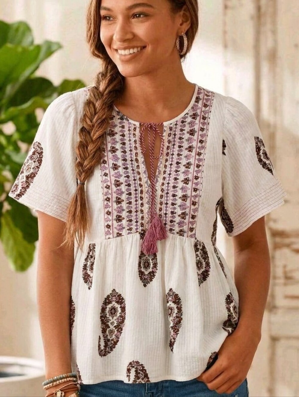 Knox Rose Women M Top Ivory Pink Maroon Floral Puff Short Sleeve Cotton Peasant